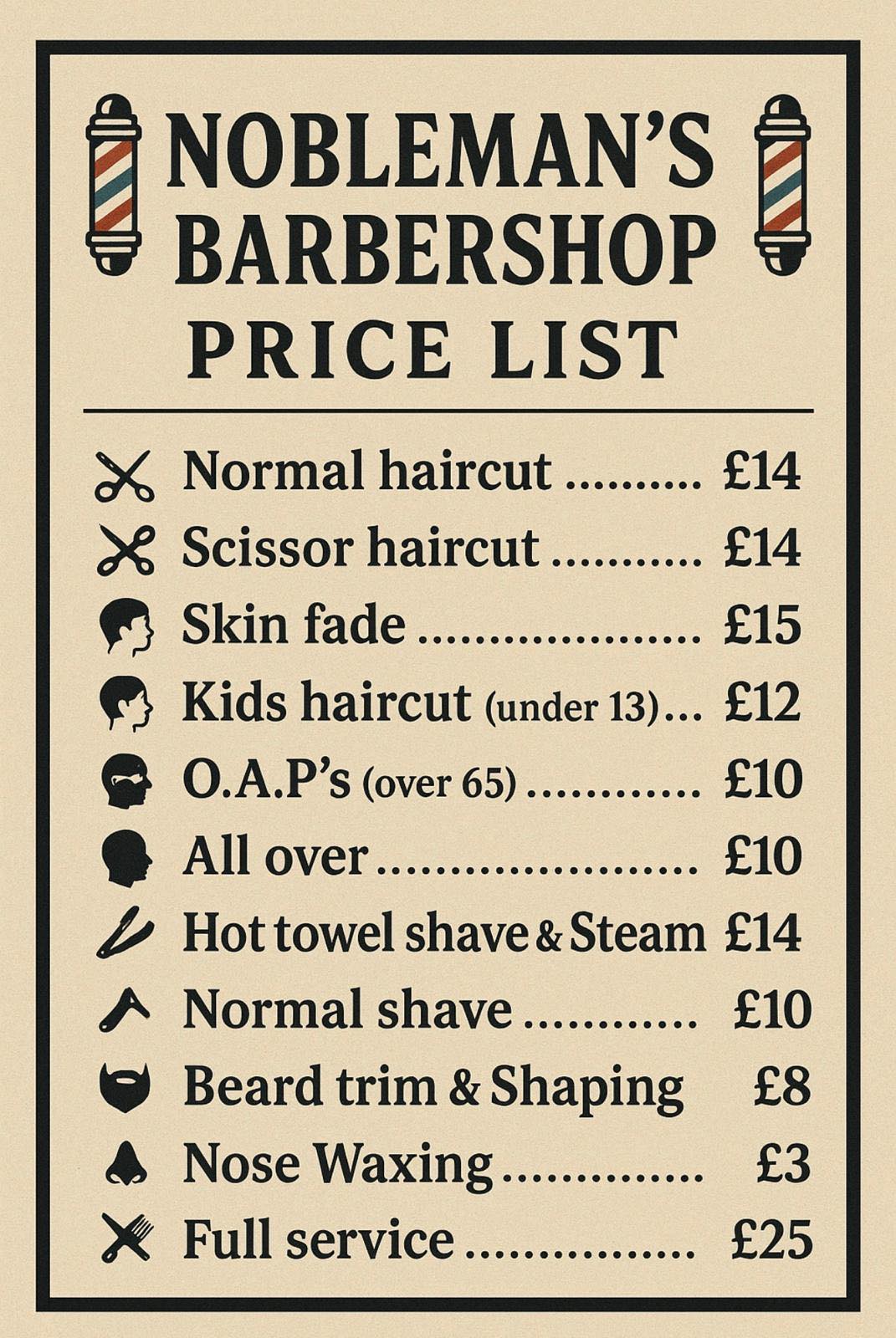 Nobleman's Cut printed price list showing haircut, shave and grooming prices